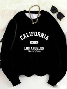 MSUCC|Women's Basic Crew Neck T-Shirt With Print, American Style, Modern And Youthful Design, Suitable For All Seasons And Everyday Wear, With Soft Fabric|California Los Angeles Print Sweatshirt - Black - View 1
