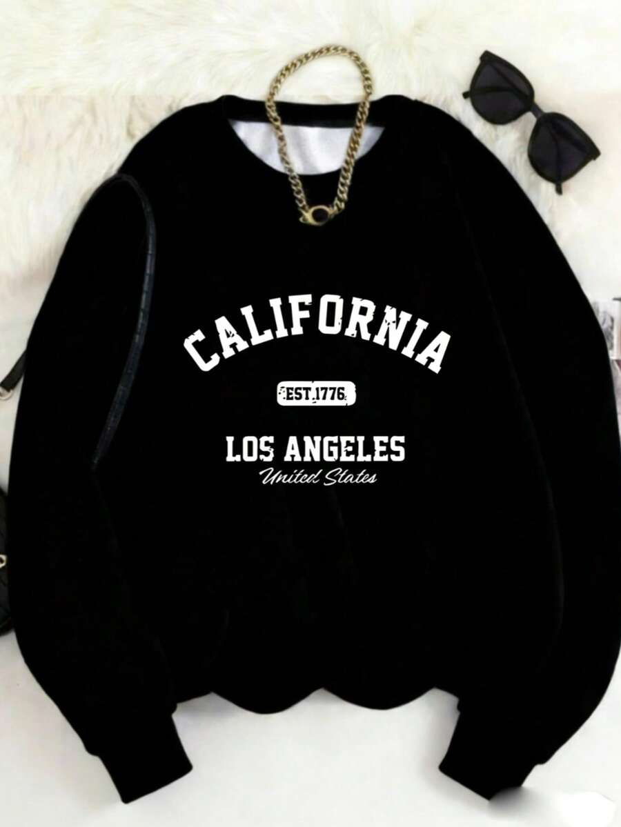MSUCC|Women's Basic Crew Neck T-Shirt With Print, American Style, Modern And Youthful Design, Suitable For All Seasons And Everyday Wear, With Soft Fabric|California Los Angeles Print Sweatshirt - Black - View 1