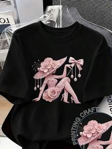 Camiseta con estampado de camisa casual para mujer, manga corta y cuello redondo, moda urbana local de primavera/verano.-Vintage Street Style Unisexoose Cotton Short Sleeve Crew Neck T-Shirt - Negro - Ver 6