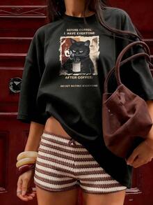 Black Cat T-Shirt With "Before Coffee / After Coffee" Text, Fashionable Short-Sleeve T-Shirt For Spring/Summer 2026, Made In Mexico, 180 Grams. Cartoon Print, Couple Design, Suitable For Indoor Or Outdoor Wear. Crew Neck, Unisex, Ideal For The Office And Leisure. One-Pack. - BK-P631577SLNDXZGY625 - 查看 3