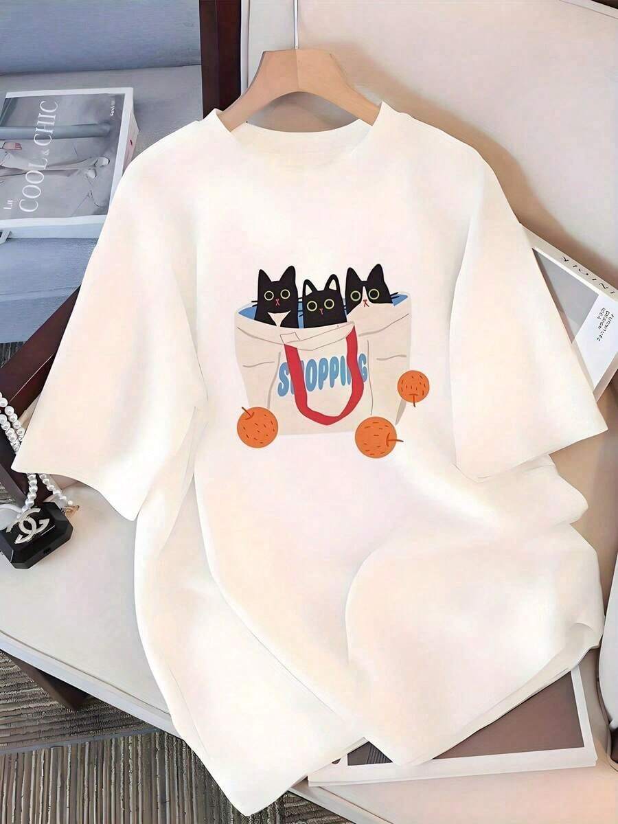 One Piece Of Casual Fashion For Men And Women. Women's Y2K Style Short-Sleeve T-Shirt With An Adorable Cat Print, Perfect For Summer. , Versatile, And Loose-Fitting With A Crew Neck. Versatile, Easy To Match, Suitable For Everyday Wear, Streetwear, Vacation Outfits, And Weekend Wear. - 白色的 - 查看 1