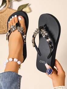 OXLL Sandal Wedges Wanita, Sandal Jepit Pantai Sol Lembut Berhiaskan Rhinestone Berkilau Gaya Bohemian untuk Liburan - Hitam - View 6