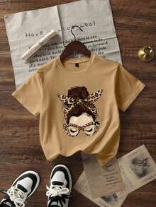 Short-Sleeved T-Shirt With A Round Neck, Relaxed Fit, And Simple Slogan Print, For Women, Ideal For Summer, Holidays, And Everyday Wear. Women's T-Shirt. White Blouses For Women. - 棕色 - 查看 5