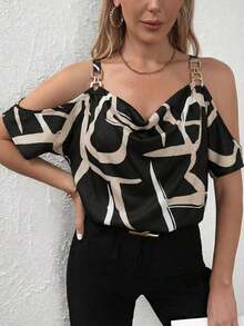 Clasi Blusa con estampado integral, detalle de cadena en el hombro descubierto, parte superior de hombros descubiertos - Negro - Ver 3