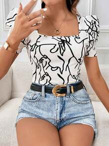 Privé Camiseta De Manga Corta De Burbuja Para Mujeres Con Estampado Abstracto De Líneas - Blanco y Negro - Ver 6