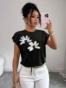 Camiseta de mujer con flores tridimensionales lindas y contrastantes para verano y otoño - Negro - Ver 4