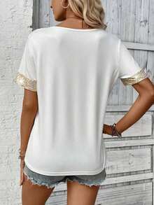 LUNE Camiseta de mujer casual de manga corta con cuello en V, parches y lentejuelas - Blanco 2 - Ver 2