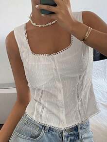 Cárdigan corto sin mangas con textura y rayas de estilo bohemio casual para mujer, adecuado para primavera, verano, playa y uso diario - Blanco - Ver 6