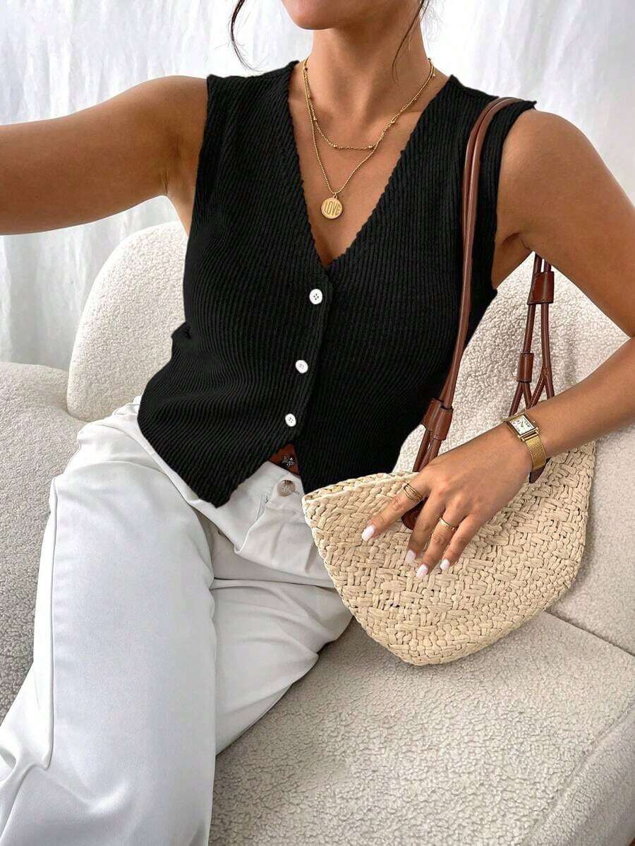 Frenchy Top de tirantes de mujer de un solo abotonado de unicolor y escote en V, versátil y casual - Negro - Ver 1