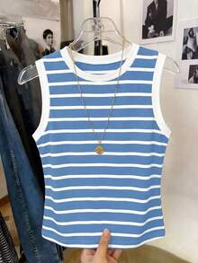 Chaleco sin mangas de mujer de talla grande, casual, de cuello redondo y con estampado de limón, de hombros anchos - Azul - Ver 7
