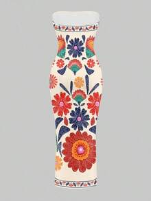 Vestido ajustado con estampado floral retro y estilo bohemio casual para mujeres, adecuado para vacaciones de verano - Multicolor 7 - Ver 2