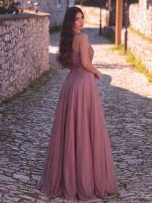 Elegante vestido formal de punto de un solo hombro, diseño plisado largo y elegante, adecuado para dama de honor o eventos formales como bodas - Rosa vieja - Ver 2