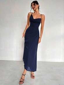 Vestido de estilo elegante y romántico para mujer, adecuado para fiesta, vacaciones, vuelta al colegio, cita romántica y boda, vestido de fiesta con escote en pico, cuello halter, espalda descubierta, efecto fruncido y lazo - Azul marino - Ver 2