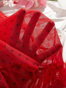 2 piezas Camisón de lunares Lencería sexy de malla transparente para mujer Conjunto de vestido de quimono (con pantie) - Rojo - Ver 5