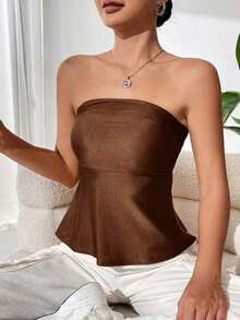 Top bandeau plisado de unicolor para vacaciones de mujer - Marrón Chocolate - Ver 1