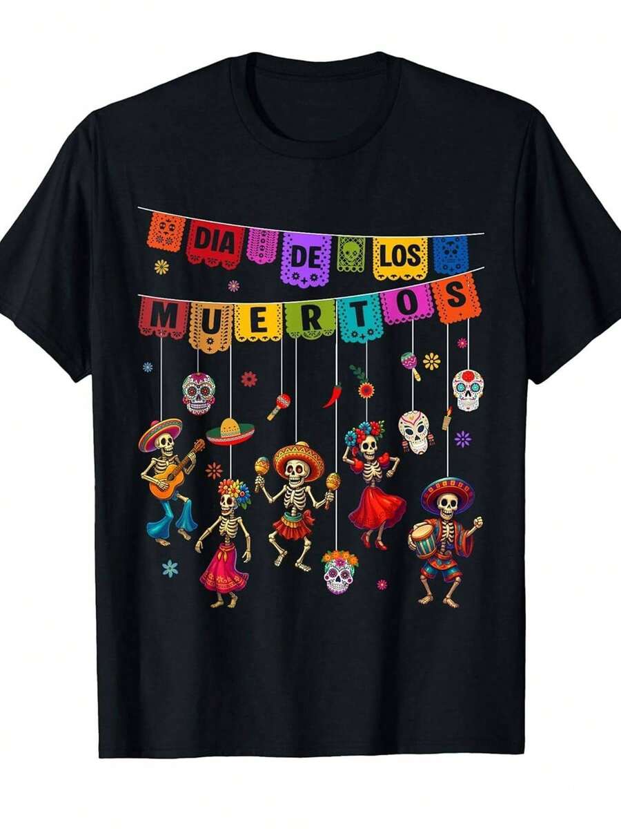 Day Of The Dead T-Shirt For Men And Women - Mexican Folk Print With Sugar Skull, Vibrant Marigold Design, Festive Casual Crew Neck "Skull" Style Set, Machine Washable And Ideal For Dry Cleaning. Comfortable Fit Year-Round, Perfect For Themed Celebrations Or Casual Wear. Includes Dancing Skeletons And Colorful Traditional Mexican Motifs! - 黑色 - 查看 1