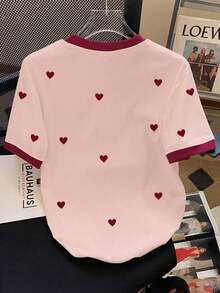Camiseta casual versátil de manga corta con cuello redondo y estampado de corazón para mujer de talla grande - Blanco - Ver 2