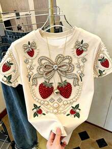 Camiseta oversize con bordado de flores silvestres, camiseta con bordado floral, camiseta de cuello redondo y manga corta para el verano - Multicolor 3 - Ver 3