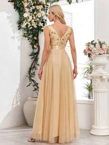 Vestido de dama de honor formal de línea A con escote en V sin mangas, bordado y de malla, vestido de fiesta elegante, vestido de invitado de boda formal, vestido de ceremonia de graduación, vestido de noche de primavera - Dorado - Ver 2