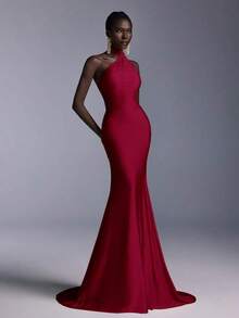 Vestido largo de sirena con espalda abierta y ajustado, de estilo minimalista, adecuado para asistir a fiestas formales, reuniones y galas formales de damas - Burdeos - Ver 7