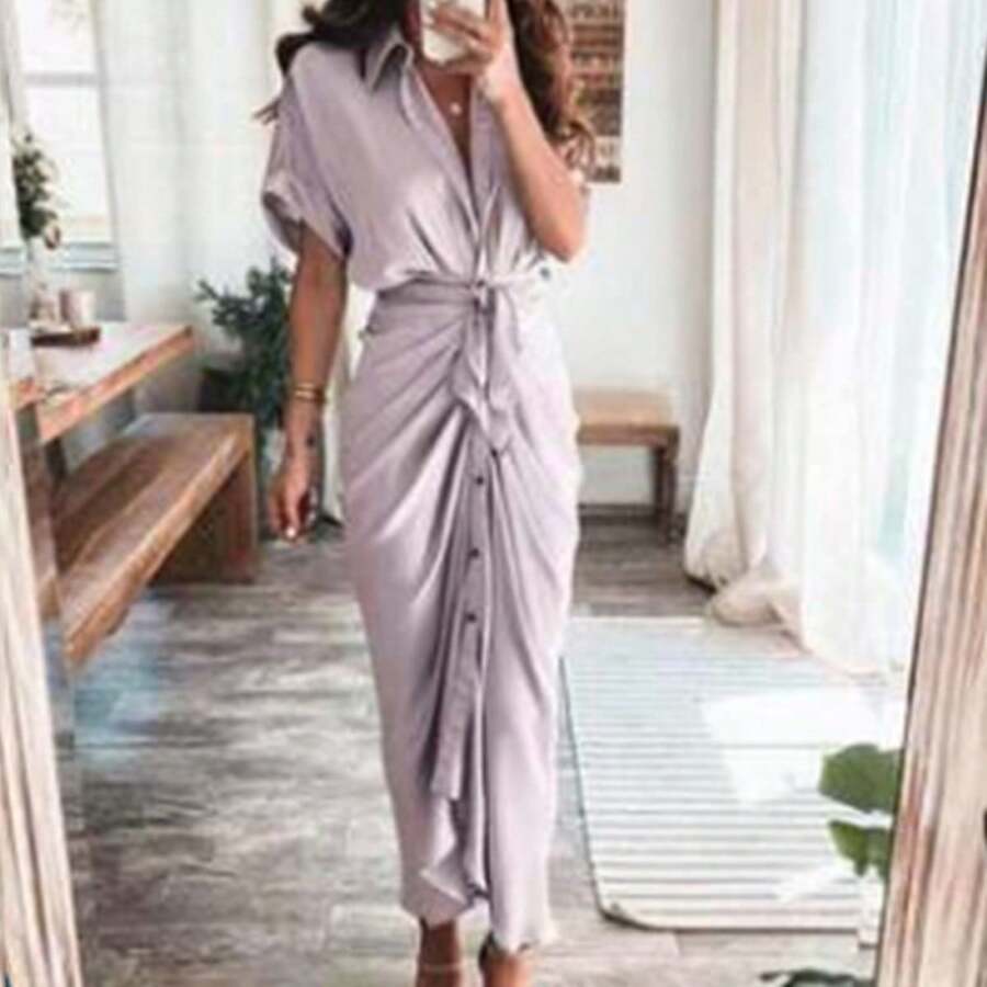 Elegant Women's Spring Shirt Dress, Sensual Print, With Adjustable Ties, Refined Style - Purple - View 1
