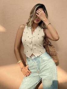 Camisa informal sin mangas para mujer, moda minimalista para uso diario - Caqui - Ver 6