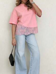 Camiseta de manga corta con parche de encaje de punto de unicolor, casual, deportiva, para uso en oficina en primavera/verano, color blanco - Rosa - Ver 9