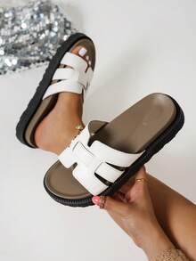New Fashion Buckle Open Toe Platform Slippers, Comfortable Versatile Dirt-Resistant Beach Sandals Suitable For Daily Wear - White Leather - View 5