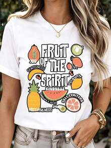 Camiseta Casual con Estampado Gráfico "Fruta del Espíritu", Versículo Bíblico y Frutas, Blanca, Top Casual de Verano para Mujer, Moda - Blanco - Ver 7