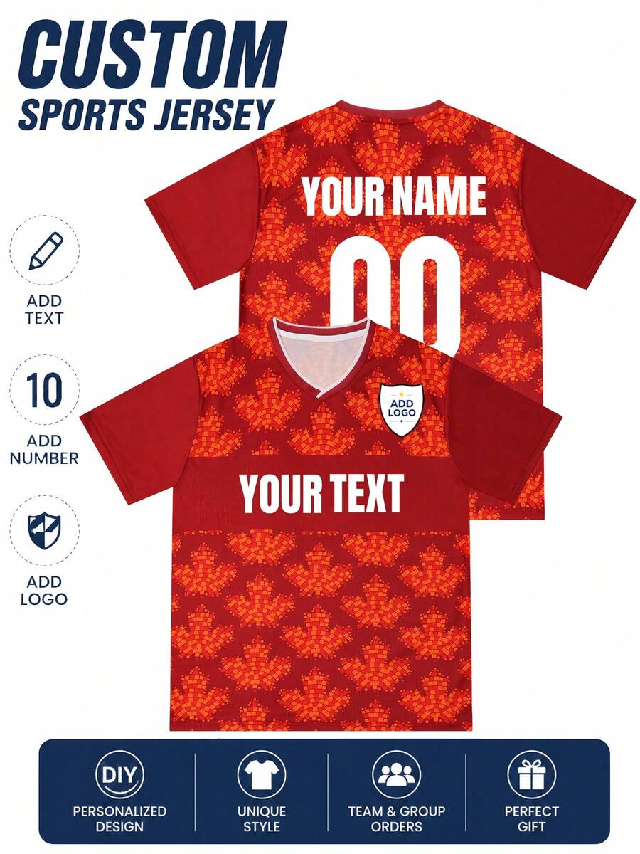 1pc Canada Style Custom Jersey For Men , Maple Leaf Soccer Football Shirt, Add Team Name Number Logo, For Club Match Day Sports - Red - View 1