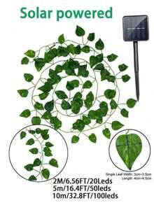 2/5/10米太阳能常春藤灯串，100颗LED人造藤蔓灯，仿真绿色植物叶片装饰灯，卧室藤蔓LED装饰灯，太阳能人造常春藤 - 逼真的丝绸般叶片和柔软的铜线材质，简约美学，绿色常春藤图案，温暖柔和的灯光，8种照明模式 - LED窗帘灯串，四季皆宜 - 綠蘿葉子 - 查看 2
