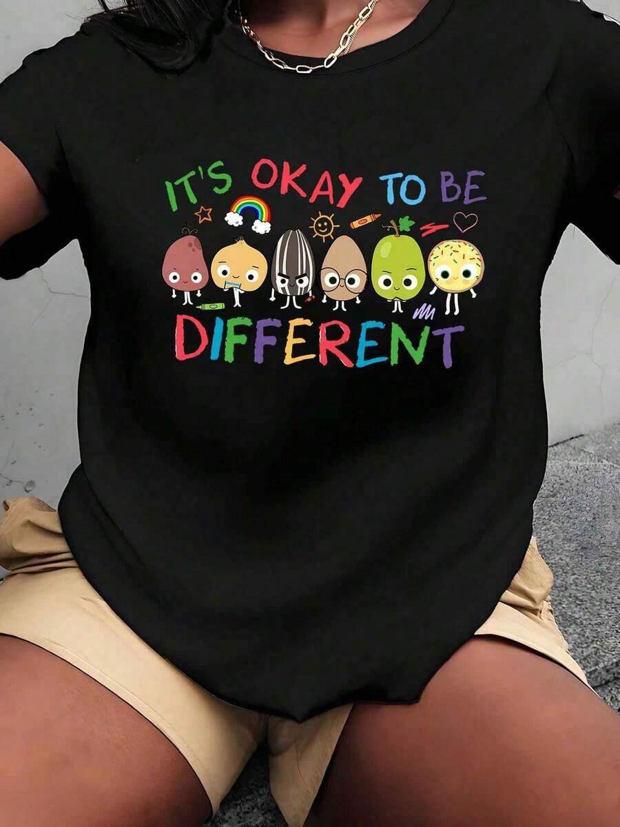 Women's Casual T-Shirt, Cute Fruit Character Print, Round Neck, Regular Fit, Casual Wear, Awareness Gift, 220g, 100% Cotton, Durable - 黑色 - 查看 1