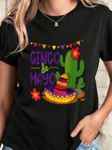Camiseta Casual Cinco De Mayo Feliz Cinco De Mayo Viva México 5 De Mayo, Camiseta de Manga Corta con Estampado Gráfico Casual y Cuello Redondo, Top de Verano Fashion - Negro - Ver 7
