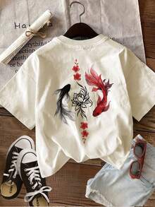 Women's Summer Clothes With Double-Sided Prints In A New Chinese Style, Featuring Koi Carp, Lotus, And Floral Branch Designs. This Sheer T-Shirt Is Perfect For Casual Everyday Wear, With A Round Neck And Short Sleeves. Women's Winter Clothes. - 杏色 - 查看 1
