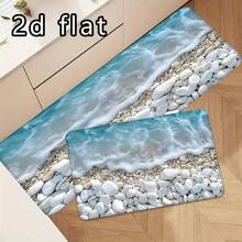 1 pieza/2PCS/3PCS Juego de Alfombras para Piso de Cocina, Estampado de Olas del Océano & Guijarros, Antideslizante & Absorbente de Agua, Suave & Cómodo, Fácil de Limpiar, Perfecto para la Decoración del Piso de la Cocina - Multicolor - Ver 2