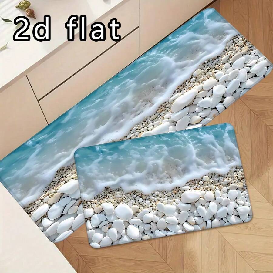 1 pieza/2PCS/3PCS Juego de Alfombras para Piso de Cocina, Estampado de Olas del Océano & Guijarros, Antideslizante & Absorbente de Agua, Suave & Cómodo, Fácil de Limpiar, Perfecto para la Decoración del Piso de la Cocina