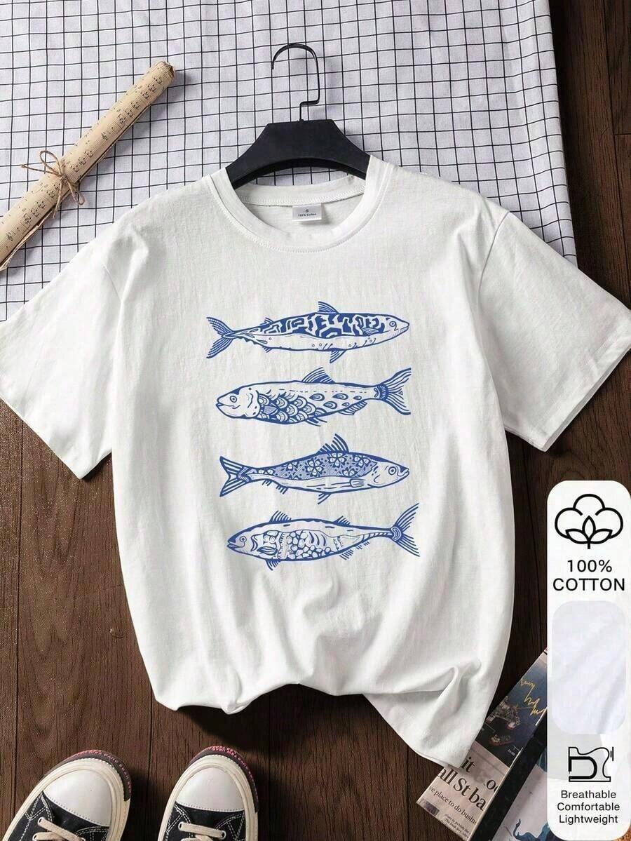 Women's Loose-Fitting T-Shirt With Fish Print, 100% Cotton, White, Short Sleeve, Ideal For Spring Festival, New Year, Valentine's Day Gift, Back To School, First Day Of School, Summer Casual Wear. - 白色 - 查看 1