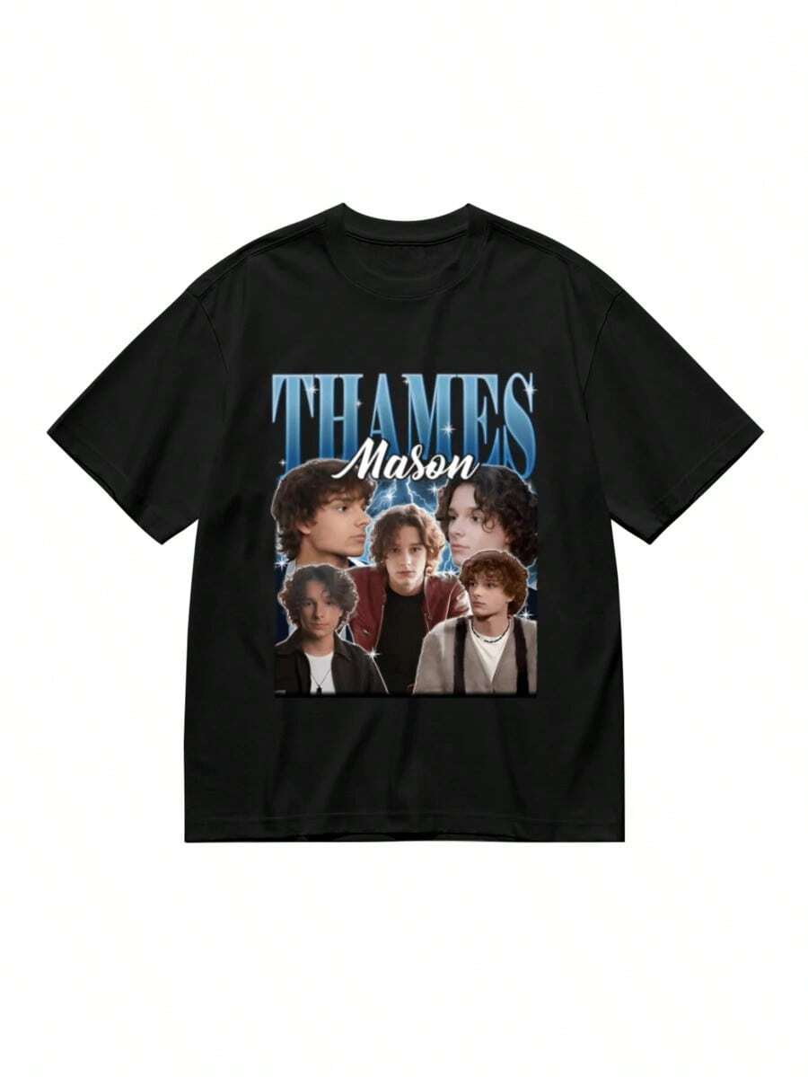 1 Piece Of Vintage Mason Thames Bootleg Cotton T-Shirt - High-Quality, Heavyweight, Minimalist Basic Casual T-Shirt With Dropped Shoulders, Streetwear Style, Versatile And Plain For Men And Women, Ideal For DIY Projects And Everyday Wear. 180g 100% Cotton. - 黑色 - 查看 1