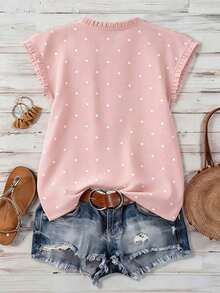Blusa de mujer con cuello redondo, sin mangas, con volantes y estampado de lunares vintage francés, versátil para ir al trabajo, tomar el té por la tarde, uso diario, holgada y casual - Rosa - Ver 2