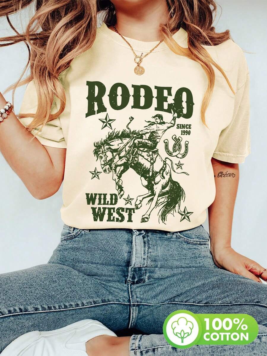 Ropa de mujer, prendas de primavera y verano, blusas de mujer, estilo vintage, vaquero, caballo, rodeo, oeste salvaje, versátil, manga corta, cuello redondo, camiseta de algodón puro, camisas de mujer. - Albaricoque - Ver 1