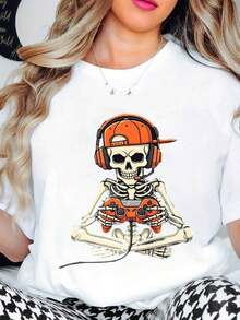Camiseta Casual para Mujer con Estampado de Jugador Esqueleto con Gorra Naranja y Controlador para Juegos y Uso Diario - Blanco - Ver 1