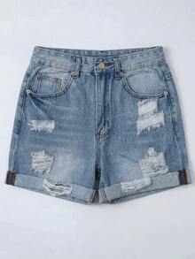 Quần short denim ống đứng size lớn cho nữ, không co giãn, mài rách, thiết kế gấu thô, phong cách thường ngày mùa hè - Rửa nhẹ - Xem 7