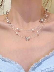 CVNANA 1 chiếc vòng cổ ngọc trai hình bướm hai lớp thanh lịch, tinh tế dành cho nữ, phong cách nghỉ dưỡng biển, vòng cổ choker tối giản ngọt ngào, unisex, món quà hoàn hảo cho sinh nhật, kỷ niệm, ngày Valentine, tiệc tùng, hoặc đeo hàng ngày. - A - Xem 4