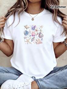 Women's Short-Sleeved Crew Neck T-Shirt With A Seashell And Starfish Design, Perfect For A Casual Outfit. Comfortable And Breathable, Ideal For Spring And Summer, With An Easy And Stylish Look. - White - View 1