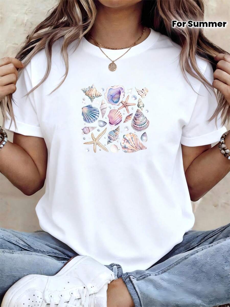 Women's Short-Sleeved Crew Neck T-Shirt With A Seashell And Starfish Design, Perfect For A Casual Outfit. Comfortable And Breathable, Ideal For Spring And Summer, With An Easy And Stylish Look. - White - View 1