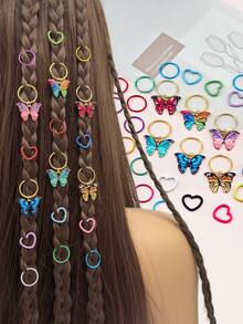 36 Stücke buntes, bohemisches Haarschmuckset - Regenbogen Schmetterling, Kreis & Herz Anhänger auf verstellbaren Metallringen für Dreadlocks und Zöpfe, Sommer Festival Haarschmuck für Mädchen - Gemischte Farbe - Übersicht 1