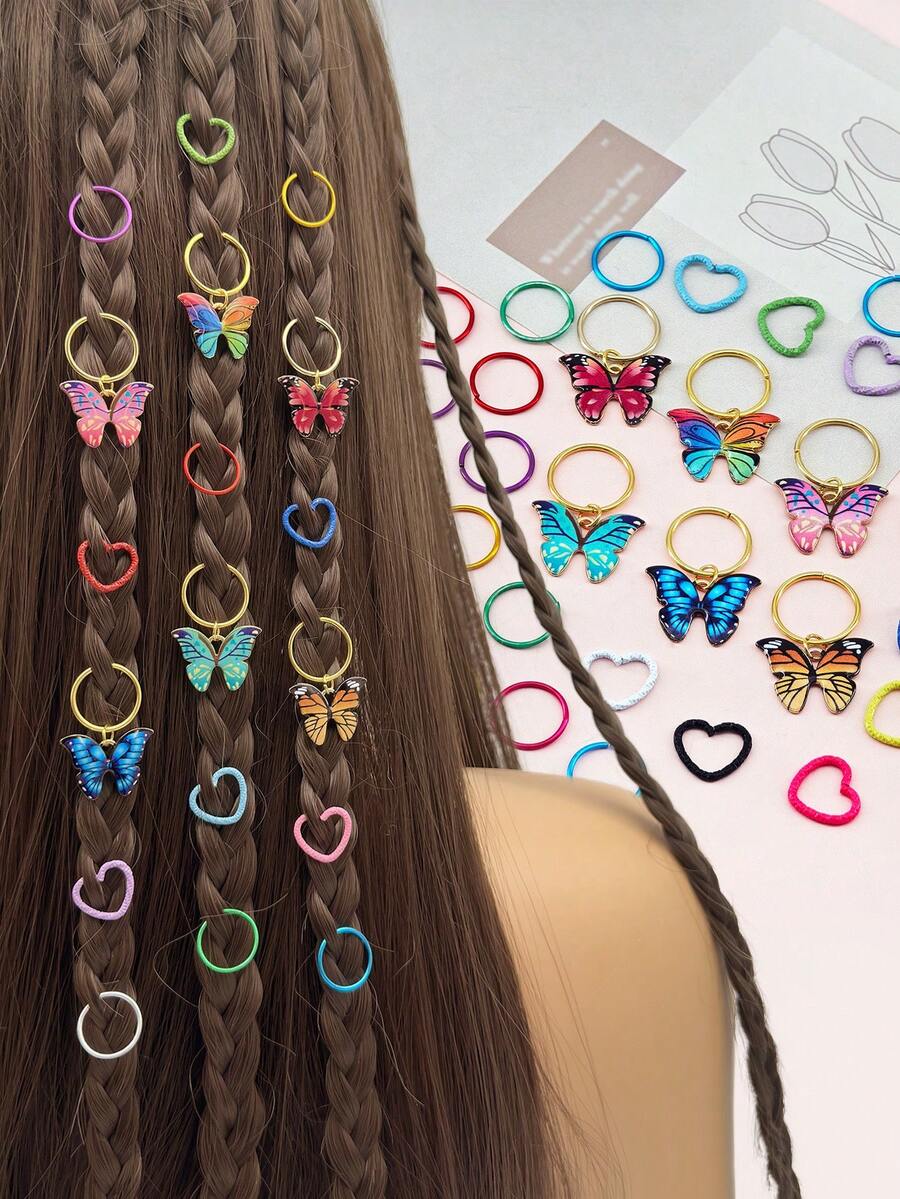 36 Stücke buntes, bohemisches Haarschmuckset - Regenbogen Schmetterling, Kreis & Herz Anhänger auf verstellbaren Metallringen für Dreadlocks und Zöpfe, Sommer Festival Haarschmuck für Mädchen - Gemischte Farbe - Übersicht 1