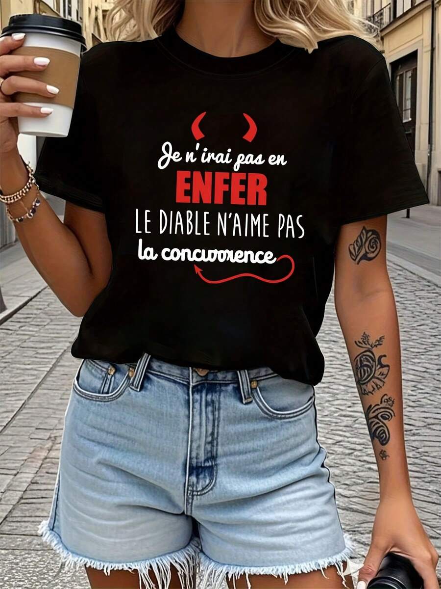 Camiseta gótica holgada de manga corta para mujer con estampado de cola y cuerno de diablo, estilo francés 2026, cómoda, a la moda, con decoración de estilo urbano, adecuada para mujeres con curvas para uso diario y salidas informales, imprescindible para todas las estaciones. Camiseta negra holgada de manga corta para mujer. - Negro - Ver 1