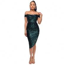 Women's Champagne-Colored Sequined Dress, Off-Shoulder Draped Design, Asymmetrical Side Slit, Stretchy Shiny Fabric Ideal For Summer Parties, Weddings As A Guest And Elegant Outdoor Dinners, Sexy Glamorous Style Perfect For Celebrations And Formal Events - 墨綠色 - 查看 5