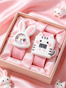 2Pcs/Set Cute Rabbit Analog & Cat Digital Watch Set For Kids, No Box, Perfect For Back To School, Children's Day, Vacation & Daily Holiday Wear - Multicolor - View 6
